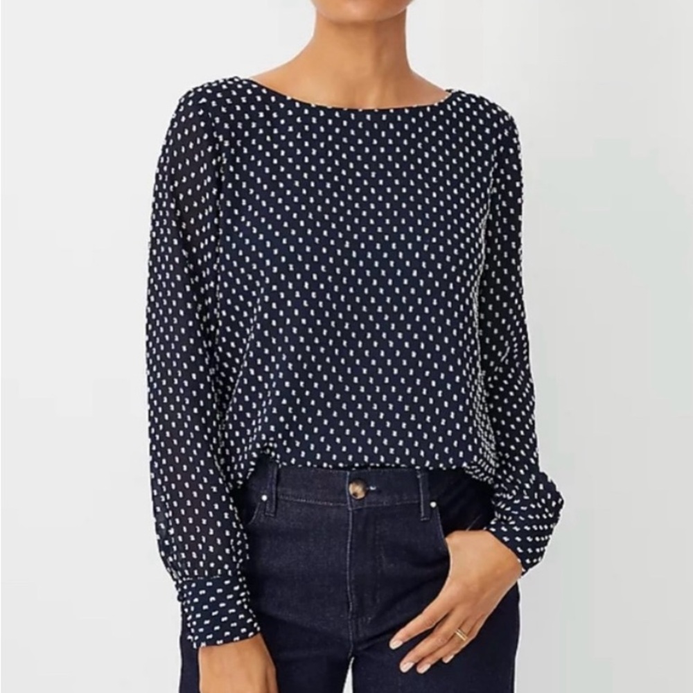 Ann Taylor Navy Relaxed Blouse. Swiss dot Texture. Size XL. Never Worn.